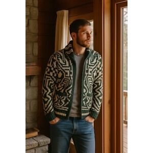 American Eagle Sweater Men Small Green White Geometric Shawl Collar Cardigan Y2K